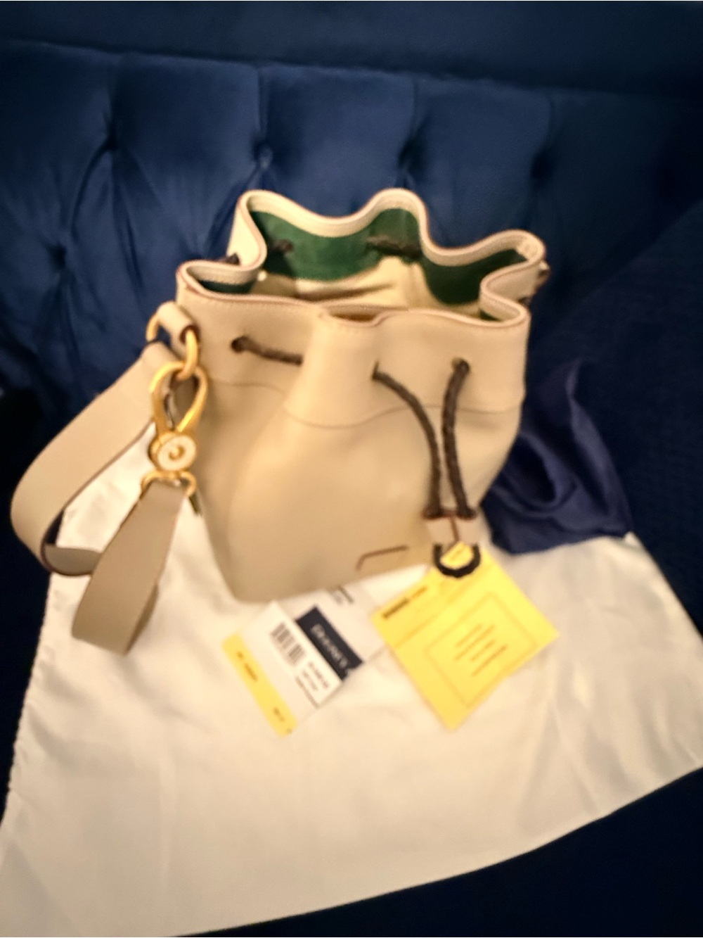 Dooney and Bourke Florentine Leather Hattie Drawstring Bucket Bag in light Taupe - Picture 2 of 4